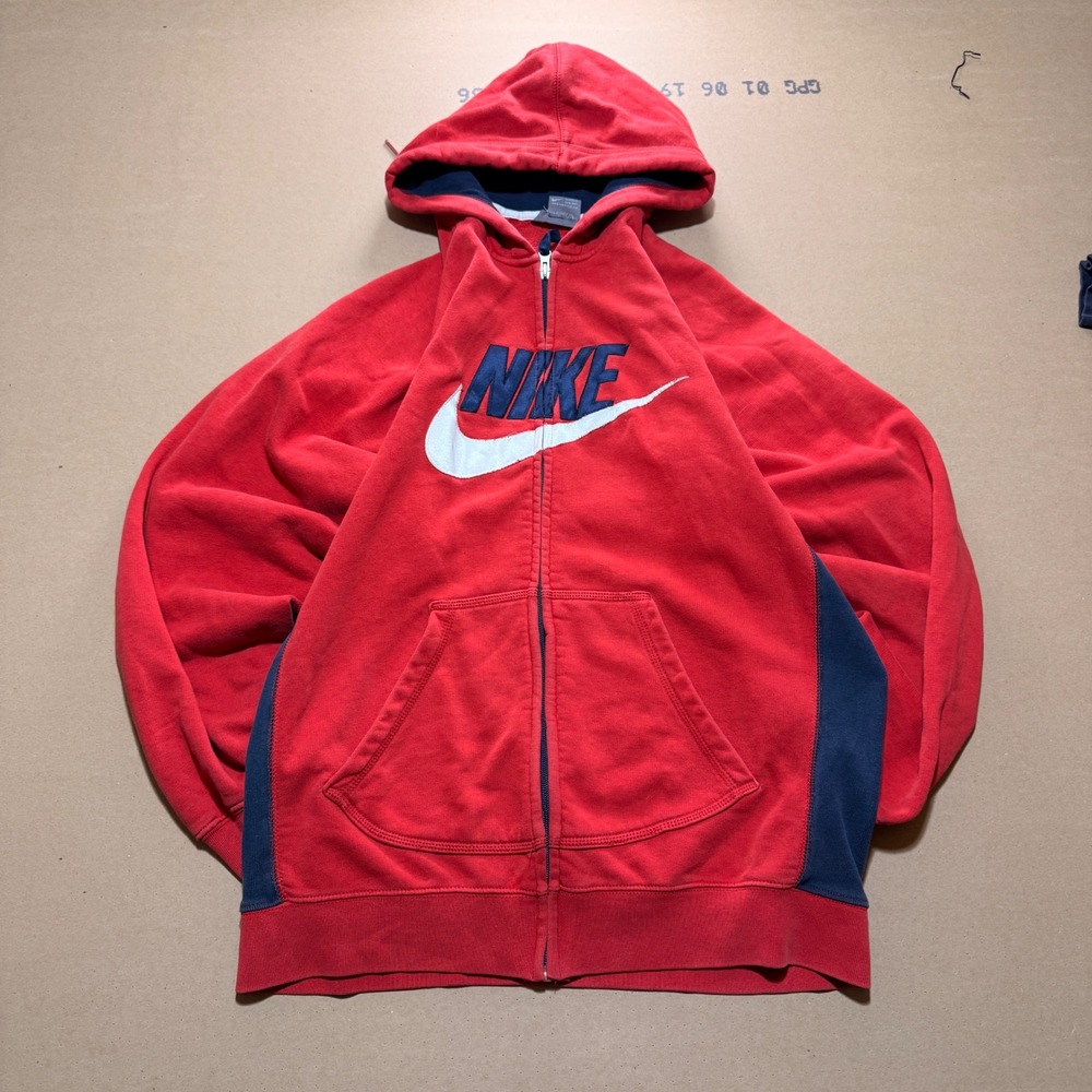 Vintage Nike Full Zip Hoodie Large Red Blue Excellent Embroidered Swoosh Logo